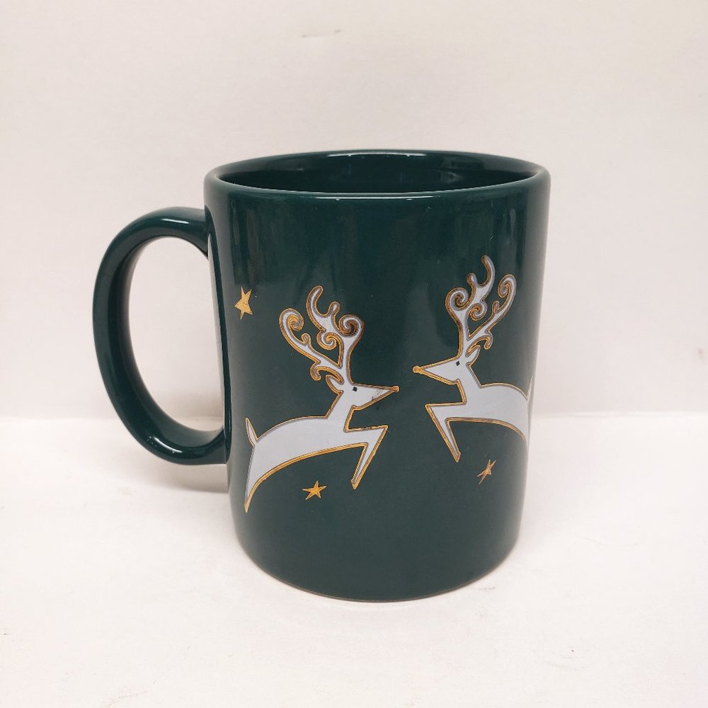 Vintage Pier 1 Imports Reindeer Coffee Mug Christmas Holiday Green White Gold